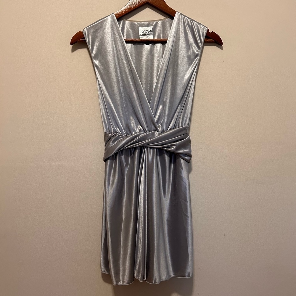 Rozae Nichols Silver Metallic Mini Dress M | Sleeveless Tie Waist | Vintage Y2K